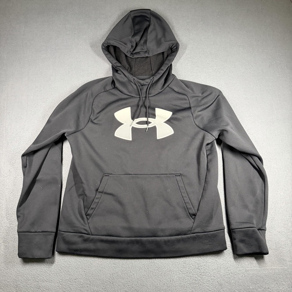 Under Armour Hoodie Womens Medium Black Fleece Kangaroo Pocket Pullover Logo